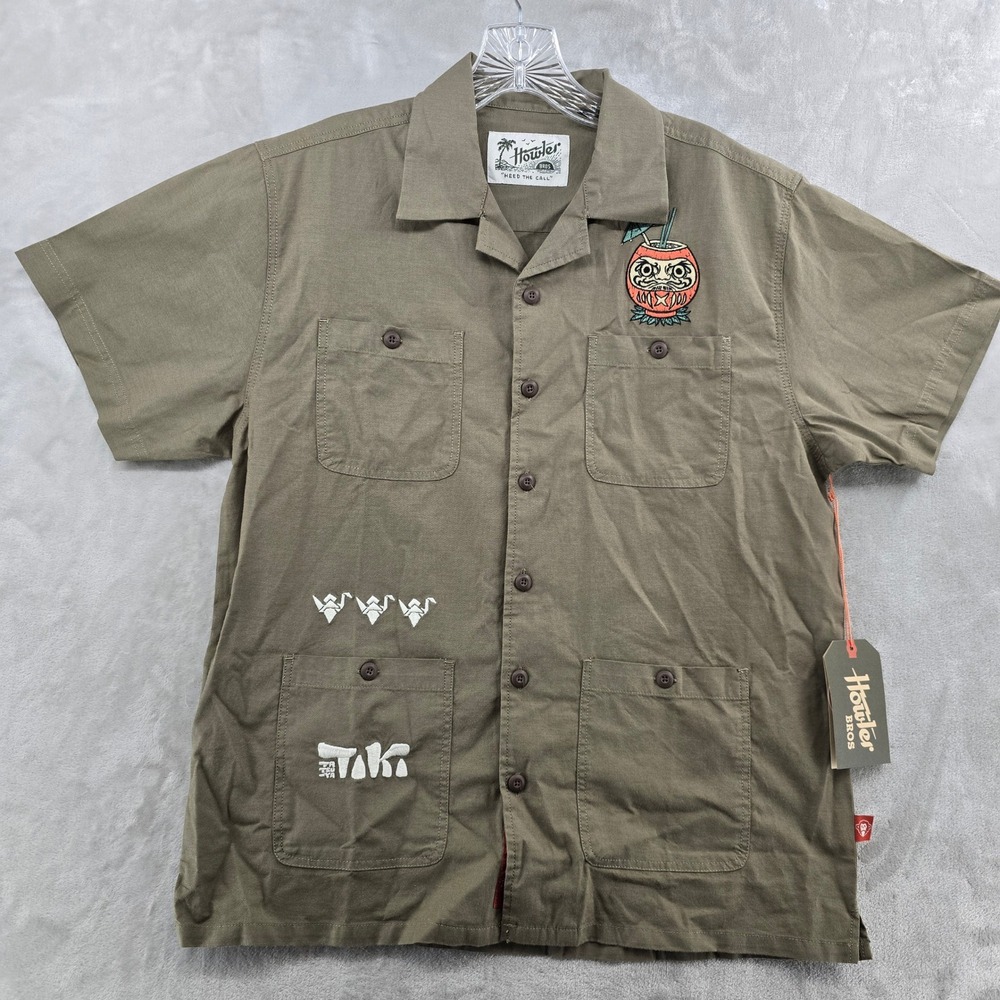 Howler Bros Mens Small Voyager Shirt Tiki Tatsu-Ya Olive Green Embroidered NWT